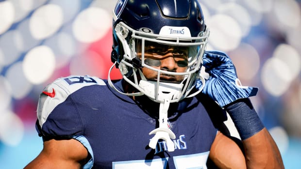 Titans cornerback Buster Skrine (38) warms up before a game.